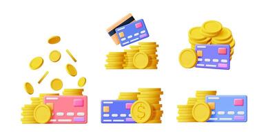 Gold coin stack with falling money and credit card. Financial investment and payment concept. Digital transaction and banking asset. vector