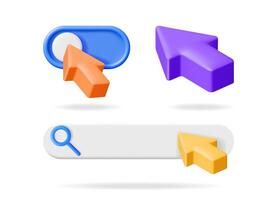 A 3d illustration set of a slider with a cursor, a standalone cursor, and a search bar with a cursor, digital interface elements for web design. vector