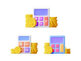 Three 3d illustrations of a calculator and stacks of gold coins symbolizing financial planning and money management. vector