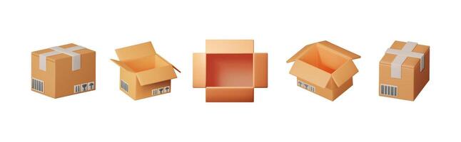 Set of 3d rendering cargo boxes with various angles. Shipping box illustration for delivery service and online store banner. vector