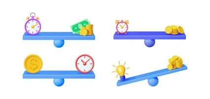 Scales comparing time, money, and idea values in 3d illustration style. Business concept on white background. vector
