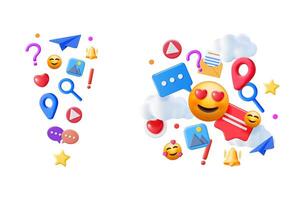 Social media notification icons and emojis floating on white background. Digital message and internet communication platform concept. vector