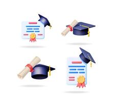 Set of 3d illustrations featuring a graduation cap and diploma scroll or degree certificate, for education and achievement concept. vector