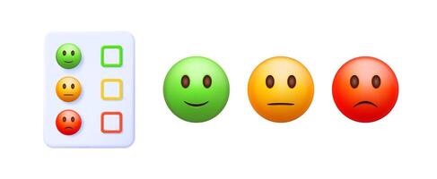 3d rating scale with checkboxes and emoticons. Customer feedback review system from happy to sad. User experience survey concept. vector