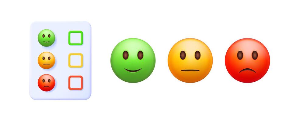 3d rating scale with checkboxes and emoticons. Customer feedback review system from happy to sad. User experience survey concept.