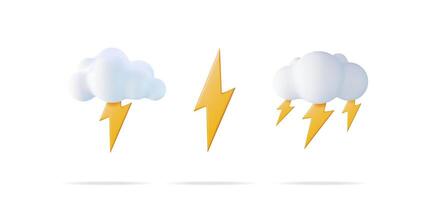 White 3d cloud with lightning set. Weather forecast icon kit. Cute cartoon style thunder elements for mobile app or web design. vector