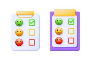 Two customer satisfaction survey clipboards with emoticons and checkboxes. Business client feedback and ranking service concept. vector