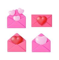 Set of 3d render mail icon, envelope, heart symbol. Social network notification. Cute message. Valentine day greeting card. vector