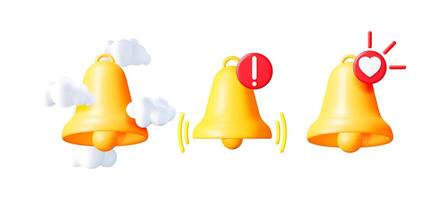 3d render yellow glossy bell notification icon with clouds, important alert, attention sign, and heart like symbol. Web application concept. vector