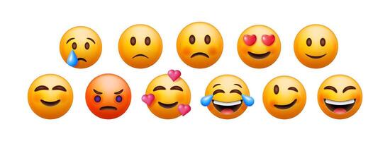 Set of diverse 3d emoji emoticons expressing various emotions. Yellow smileys for app, web design, and social media communication. vector