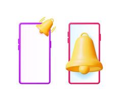 A notification ringing concept. Two smartphone frames with alert bell. Digital mobile marketing. New message or update for application design. vector