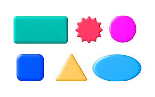 Set of different colorful 3d shapes including rectangle, starburst, oval, square, triangle, and rounded rectangle on white background for design element. vector