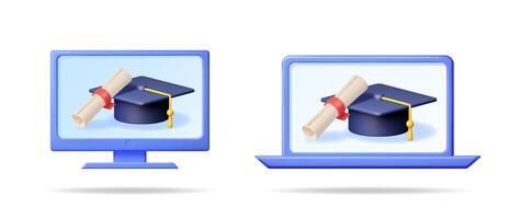 Digital diploma and graduation cap on computer screen and laptop. Online education, e-learning program concept for remote study. vector