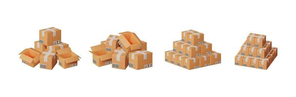 Four different stacks of 3d rendering cardboard boxes on a white background. Delivery and shipping concept icon. vector