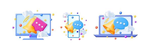 3d cartoon set megaphone message on computer monitor phone and laptop. Online promotion and social media. vector