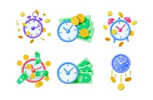 Set of 3d illustrations depicting the concept of time is money, with money and clock icons for business, finance, and investment. vector