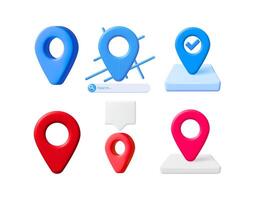 Collection of 3d map pin locator icon sets, including a checkmark, chat bubble, and search bar for location tracking. vector