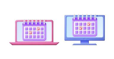 Calendar page with checkmark on laptop and computer screen. Scheduling and time management concept for planning business meetings. vector