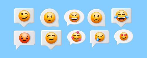 Group of 3d chat bubbles with various emoticon expressions. Reaction icon set for social media application or website. vector