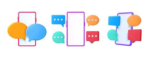 Set of 3d illustrations of smartphone frames and message bubbles. Mobile communication concept for chatting and social media. vector