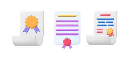 Documents with stamp or certificate icon set in 3d minimal style. Achievement, quality, guarantee, and award concept for business. vector
