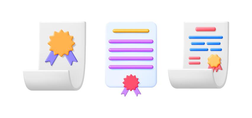 Documents with stamp or certificate icon set in 3d minimal style. Achievement, quality, guarantee, and award concept for business.