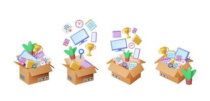 Set of 3d illustrations of business items appearing from a cardboard box, symbolizing relocation, new job, or office move concepts. vector