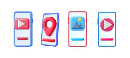 Digital smartphone screens displaying various app icons like player, location pin, and image gallery. Modern mobile technology for multimedia and navigation. vector