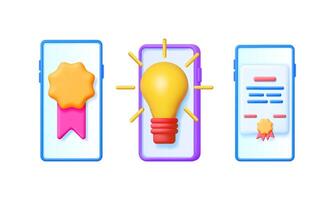 Set of 3d illustrations of phone applications with medal, lightbulb, and document icons. Digital technology for business idea. vector
