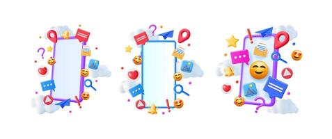 Set of three mobile phones with social media icons and empty screens for text. Communication and online network concept. vector