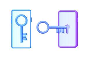 Key going into phone screen to open it. Mobile phone protection concept for digital security. Internet password solution design. vector