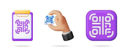 Hand holding a unique QR code in a 3D illustration set. Digital identification and data capture concept for modern applications. vector
