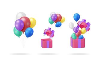 Colorful balloons in an open gift box and flying outside. Celebration and happy event concept. 3d illustration set for design. vector