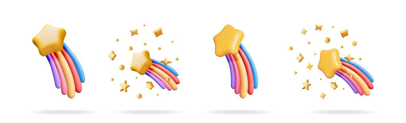 Set of 3d stars and rainbow elements on white background. Colorful abstract shapes for design and celebration concept.