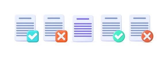 Document processing illustration with check mark and cross symbols. Data review and verification concept. 3d render for business application. vector