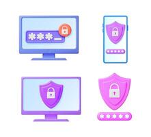 3d render set showing secure digital access, password input, and data protection on computer and smartphone screens for cyber security. vector