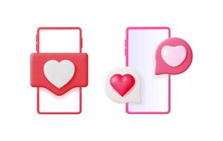 Mobile phone with social media like notification. Internet dating and love concept. 3d illustration set for web and design. vector