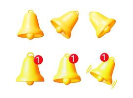 Set of 3d golden notification bell icon with one new message alert. Ringing bell for social media, website. New notification concept. vector