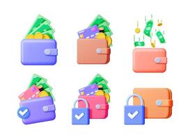 Money wallet icon set in 3d illustration. Financial assets and security concept. Digital render for online payment. vector