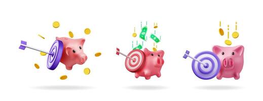 Three piggy bank with target and falling money. Realistic 3d render illustration. Goal idea and financial success background for banking or investment. vector