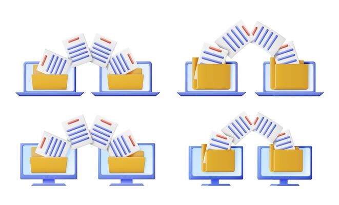 Set of 3D documents transferring between laptop and monitor. Digital file transfer, data sharing, backup, synchronization concept.