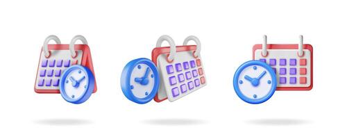 A set of 3d illustrations featuring a calendar and a clock, symbolizing time management and deadline planning. vector