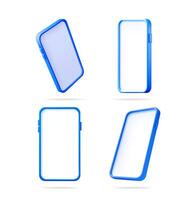 Four blue smartphone mockups floating against a white background. Digital mobile device template for user interface design. vector