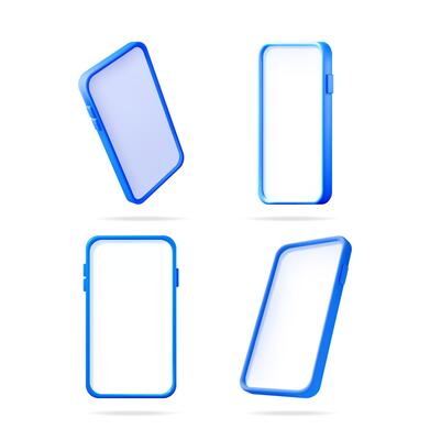 Four blue smartphone mockups floating against a white background. Digital mobile device template for user interface design.