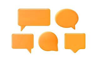 Set of orange 3d speech bubble or chat box geometric shapes. Glossy plastic empty message frame balloon for communication and social media. vector