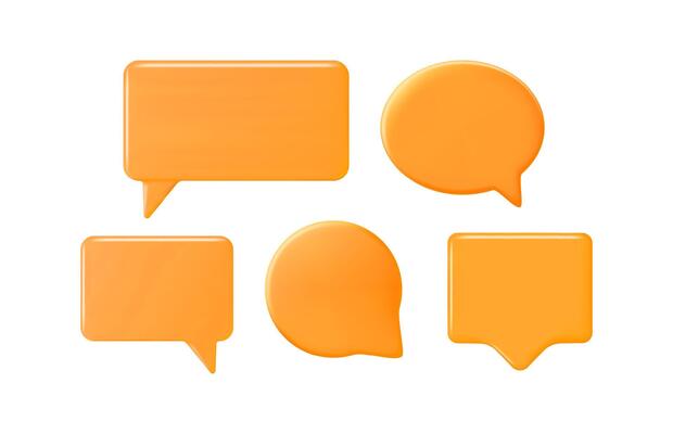 Set of orange 3d speech bubble or chat box geometric shapes. Glossy plastic empty message frame balloon for communication and social media.
