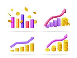 3d illustration set of financial graphs and coins showing market growth concept for business presentations. vector
