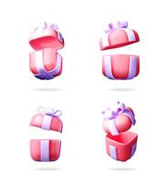 A collection of floating open pink gift boxes with lilac bows in a 3d illustration for celebration and surprise concepts. vector