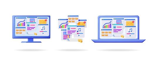 Computer, laptop and pop up windows with various application icons. Digital technology with file folders, charts and messenger app. vector