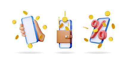 Man's hand holding a phone, a wallet with money, and a percentage sign on a phone screen, 3d illustration for mobile banking application. vector